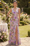 Maxi Floral Lilac V-Neck Sheath Backless Wedding Guest Dress with Slit