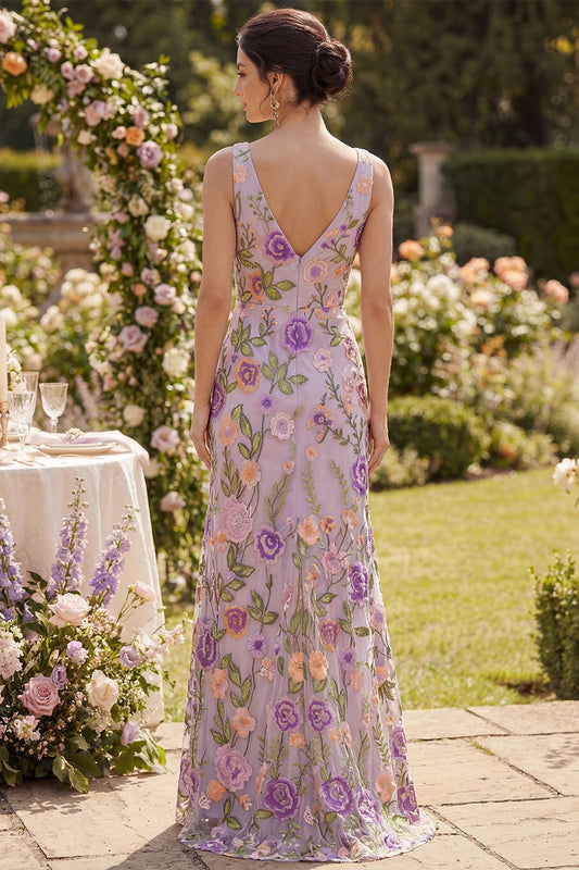 Maxi Floral Lilac V-Neck Sheath Backless Wedding Guest Dress with Slit