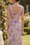 Maxi Floral Lilac V-Neck Sheath Backless Wedding Guest Dress with Slit