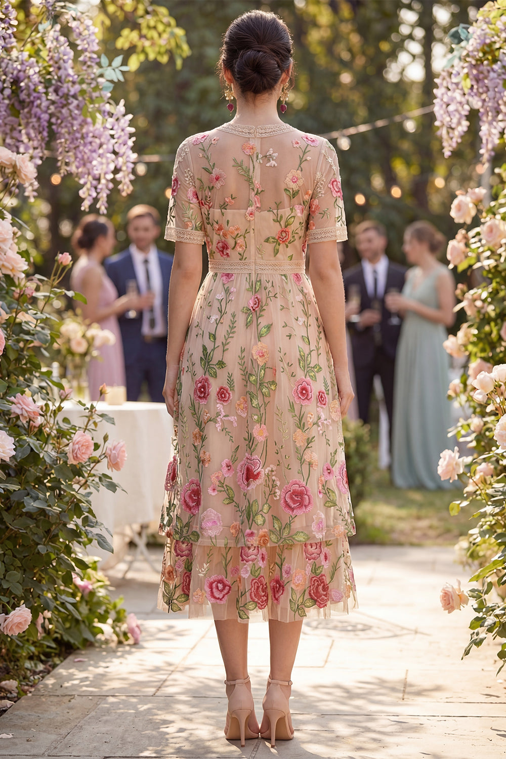 Ruffled A Line Maxi Floral Blush Wedding Guest Dress with Lace