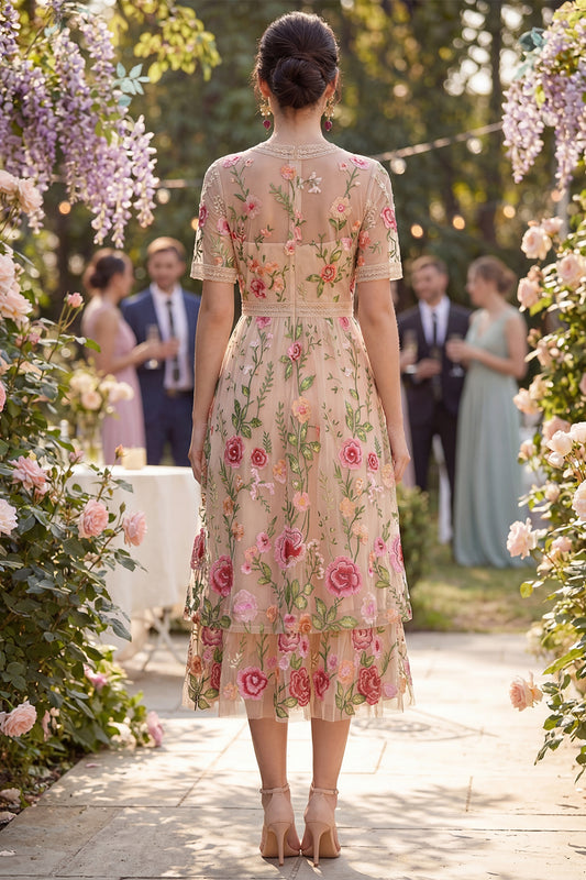 Ruffled A Line Maxi Floral Blush Wedding Guest Dress with Lace