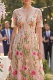 Ruffled A Line Maxi Floral Blush Wedding Guest Dress with Lace