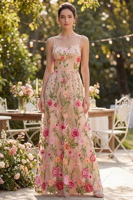 A Line Maxi Floral Blush Spaghetti Straps Wedding Guest Dress