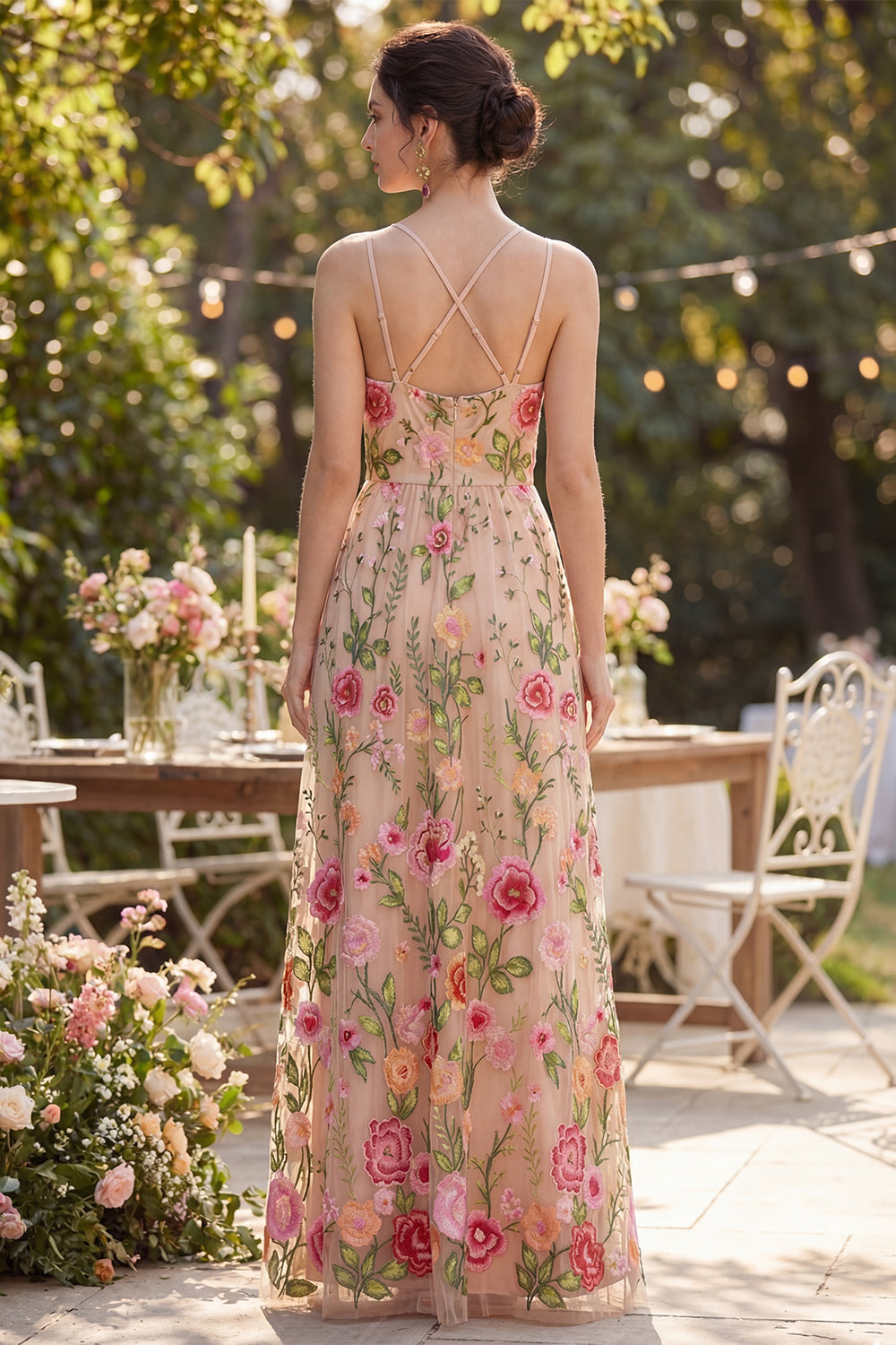 Zapaka Women A-Line Floral Dress Spaghetti Straps Blush Tulle Embroidered Long Wedding Guest Dress, Blush / US2