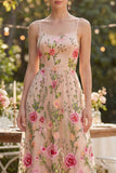 A Line Maxi Floral Blush Spaghetti Straps Wedding Guest Dress