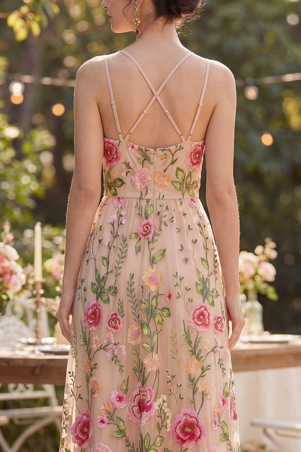 A Line Maxi Floral Blush Spaghetti Straps Wedding Guest Dress