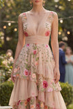 V-Neck A Line Maxi Floral Blush Ruched Wedding Guest Dress with Ruffles