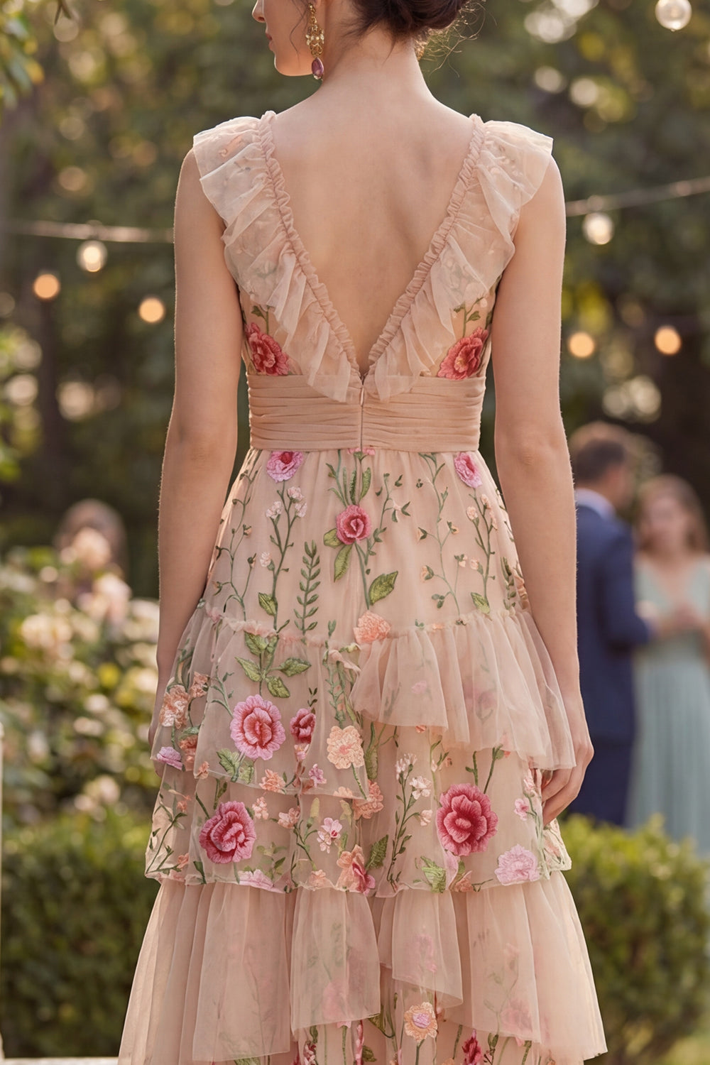 Zapaka Women A-Line Floral Dress V-Neck Tiered Blush Tulle Embroidered Long Wedding Guest Dress, Blush / US2