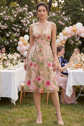 Zapakasa Women Floral Blush Knee Length Wedding Guest Dress A Line V-Neck  Ruched Formal Dress