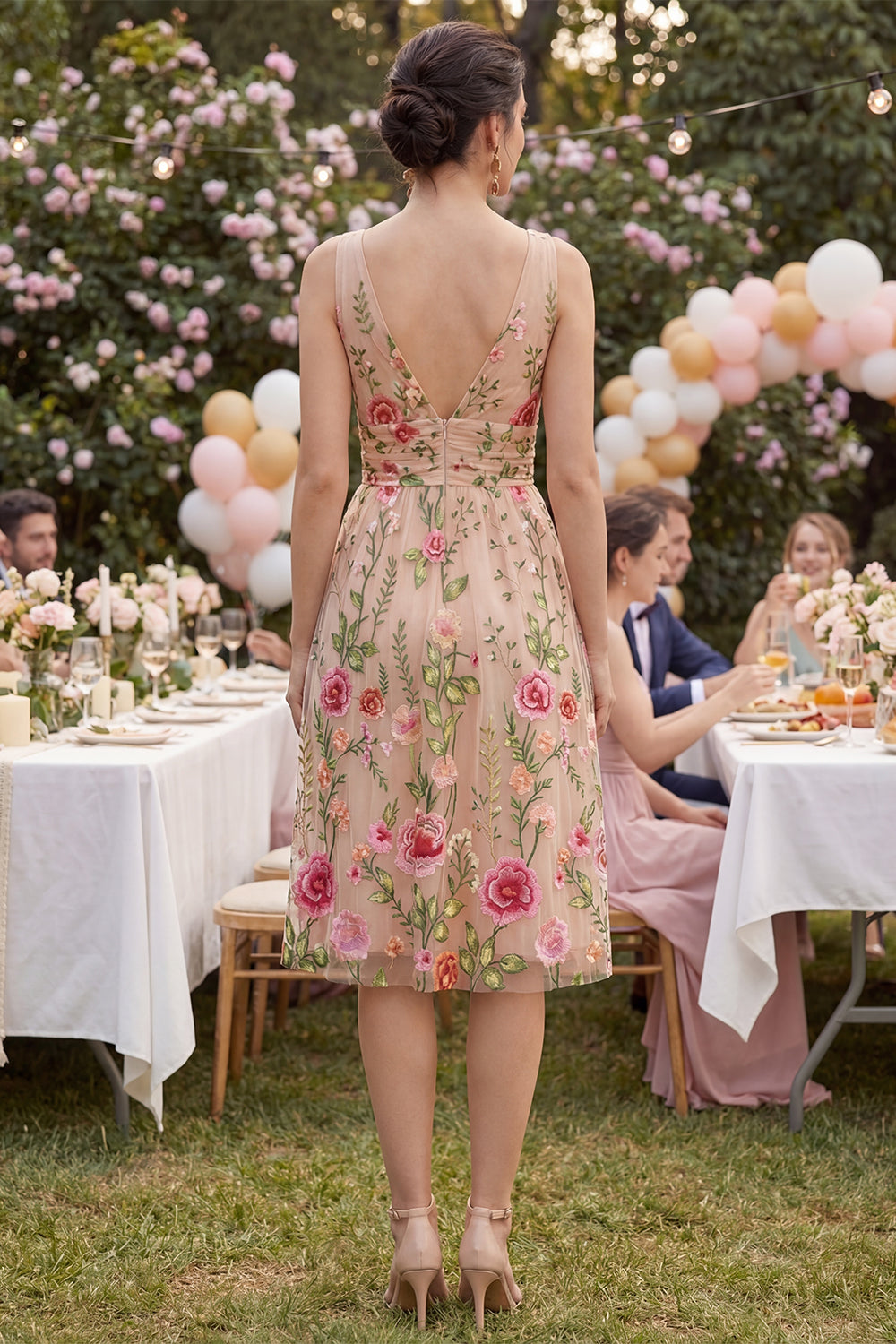Zapaka Women A-Line Midi Dress V-Neck Blush Tulle Embroidered Floral Wedding Guest Dress, Blush / US12