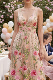 Ruched A Line Knee Length Floral Blush V-Neck Wedding Guest Dress
