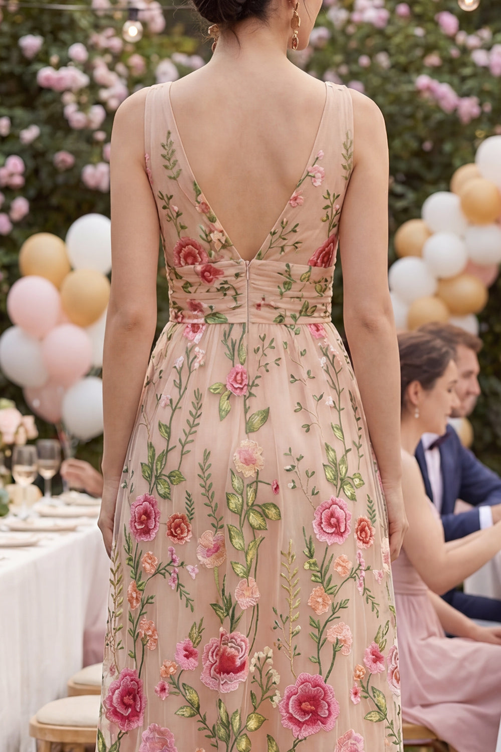 Zapakasa Women Floral Blush Knee Length Wedding Guest Dress A Line V-Neck  Ruched Formal Dress
