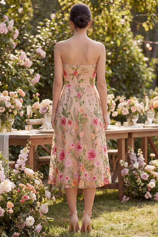 Strapless Maxi A Line Floral Blush Wedding Guest Dress