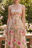 Strapless Maxi A Line Floral Blush Wedding Guest Dress