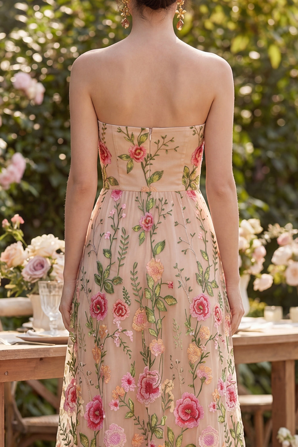 Strapless Maxi A Line Floral Blush Wedding Guest Dress