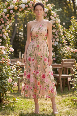 One Shoulder Ruched A Line Maxi Floral Blush Wedding Guest Dress