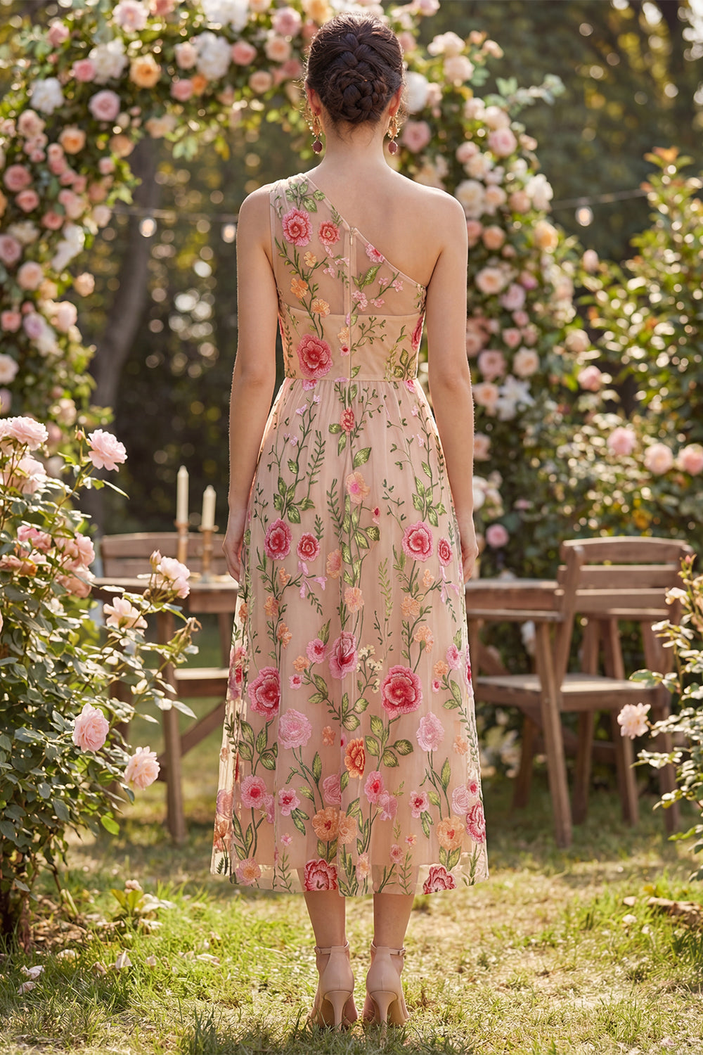One Shoulder Ruched A Line Maxi Floral Blush Wedding Guest Dress