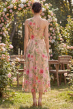 One Shoulder Ruched A Line Maxi Floral Blush Wedding Guest Dress