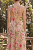 One Shoulder Ruched A Line Maxi Floral Blush Wedding Guest Dress