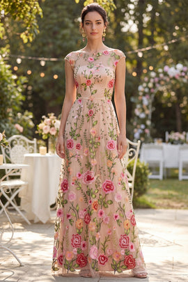 Maxi Floral Blush Wedding Guest Dress A Line Cap Sleeves Boat Neck Formal Dress