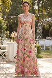 Maxi Floral Blush Wedding Guest Dress A Line Cap Sleeves Boat Neck Formal Dress