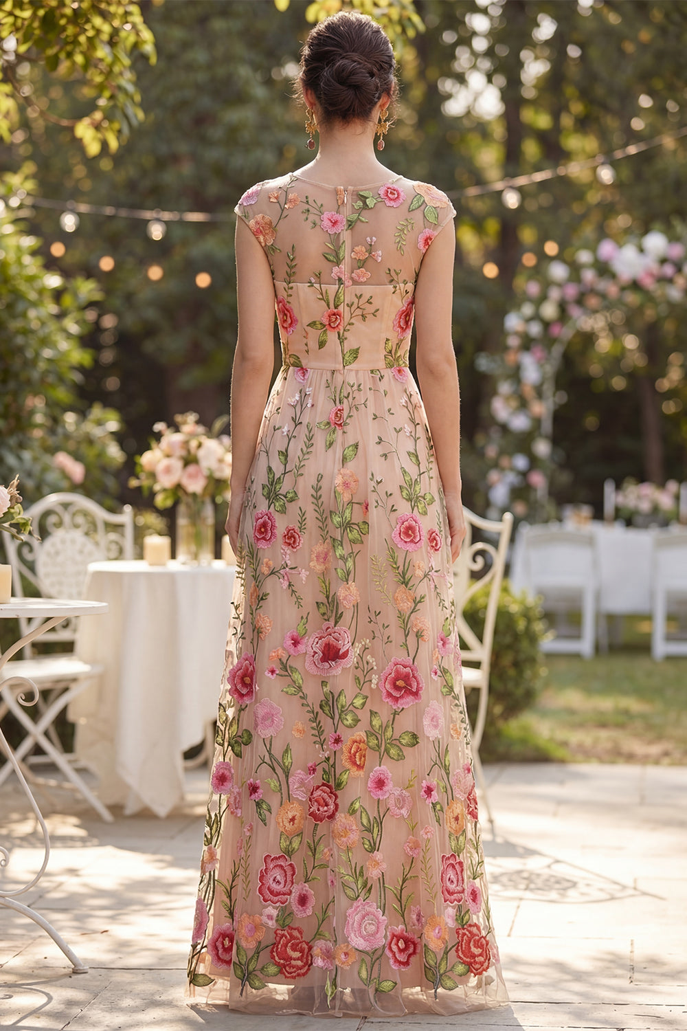 Cap Sleeves Boat Neck Maxi A Line Floral Blush Wedding Guest Dress