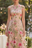 Cap Sleeves Boat Neck Maxi A Line Floral Blush Wedding Guest Dress