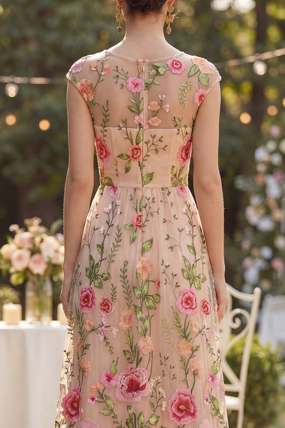 Cap Sleeves Boat Neck Maxi A Line Floral Blush Wedding Guest Dress