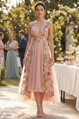 A Line V-Neck Maxi Floral Blush Wedding Guest Dress