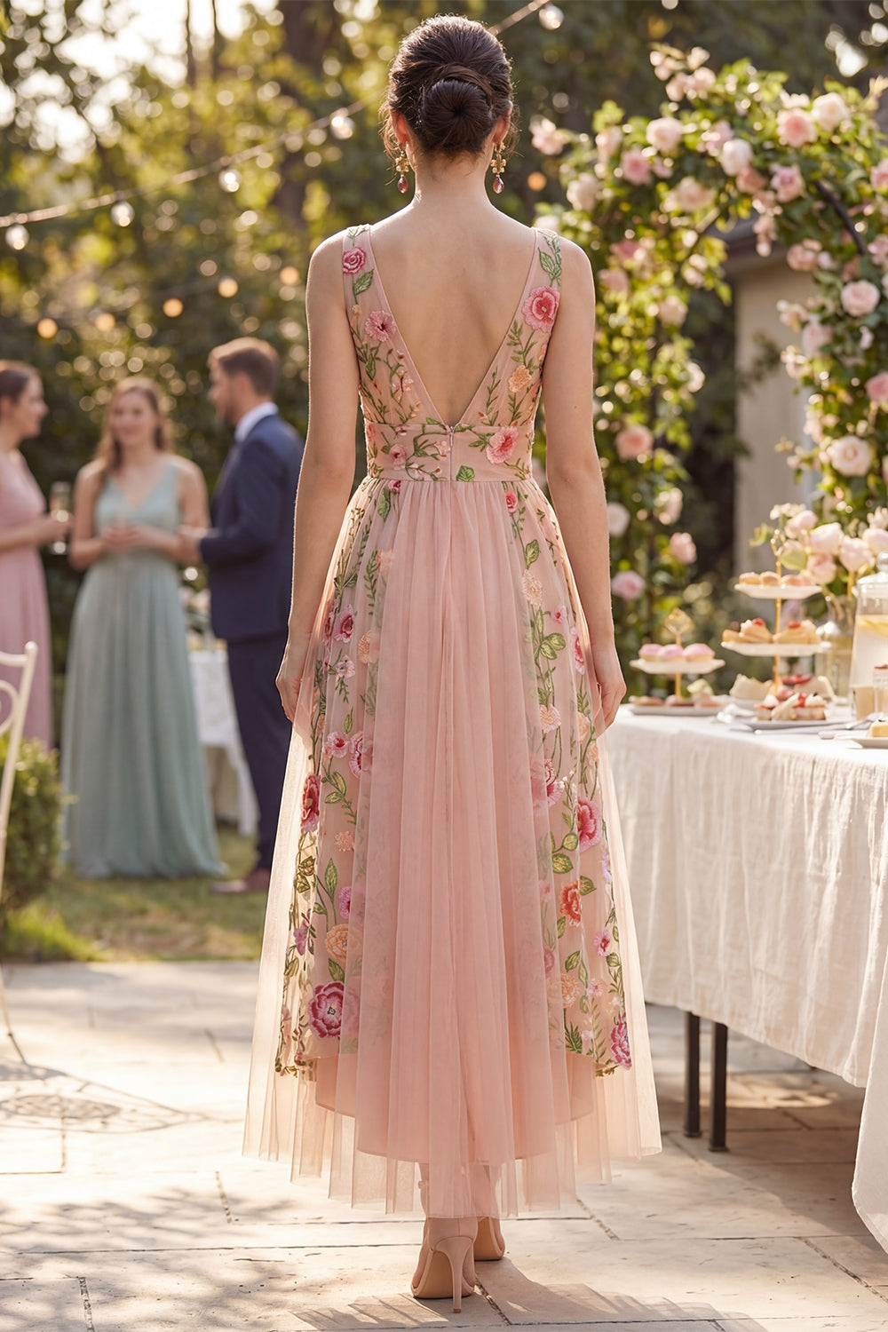A Line V-Neck Maxi Floral Blush Wedding Guest Dress
