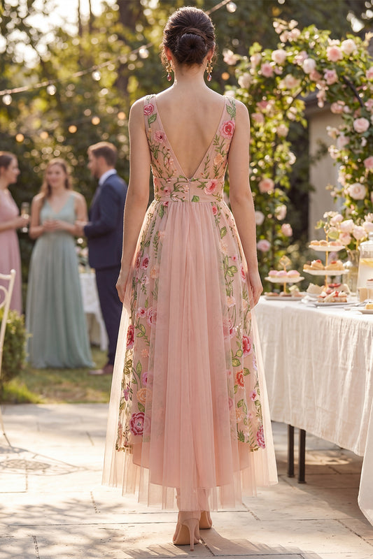 A Line V-Neck Maxi Floral Blush Wedding Guest Dress