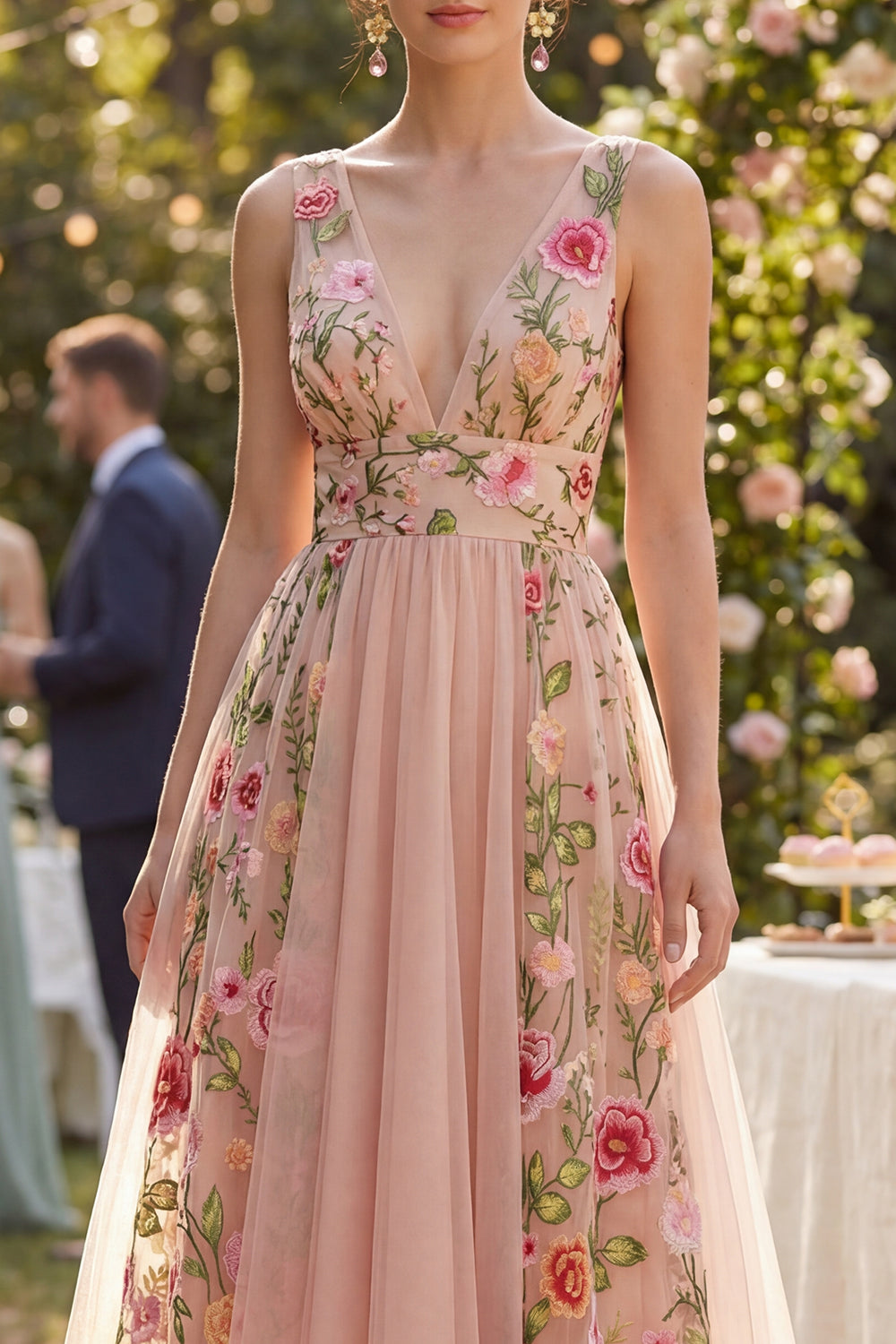 A Line V-Neck Maxi Floral Blush Wedding Guest Dress