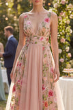 A Line V-Neck Maxi Floral Blush Wedding Guest Dress
