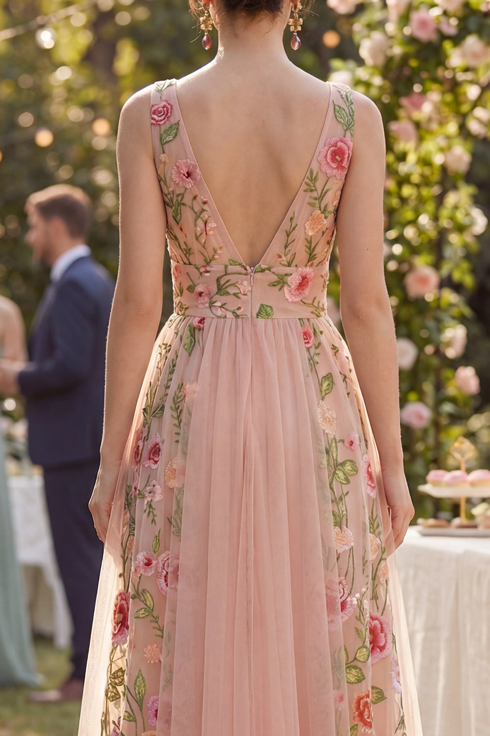 A Line V-Neck Maxi Floral Blush Wedding Guest Dress