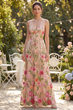 Blush V-Neck A Line Maxi Floral Wedding Guest Dress