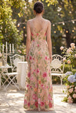 Blush V-Neck A Line Maxi Floral Wedding Guest Dress