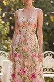 Blush V-Neck A Line Maxi Floral Wedding Guest Dress