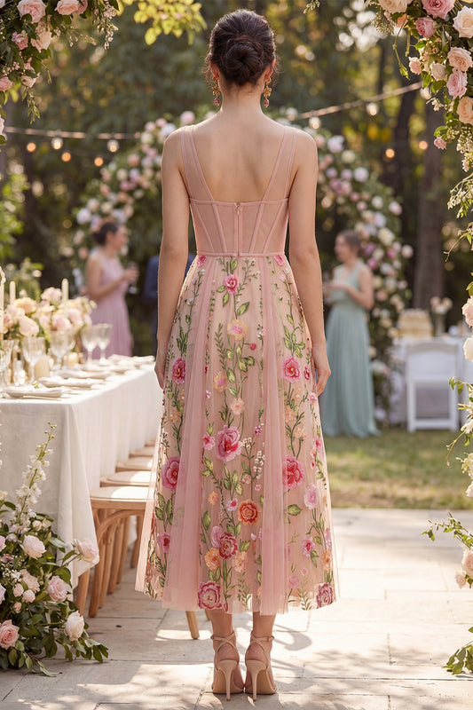 Corset Blush V-Neck A Line Maxi Floral Wedding Guest Dress