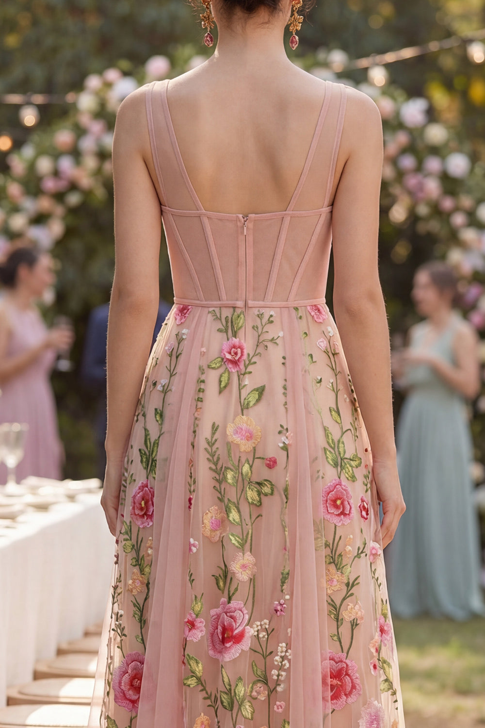 Corset Blush V-Neck A Line Maxi Floral Wedding Guest Dress