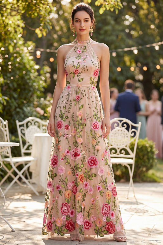 Blush Floral High Neck A Line Maxi Wedding Guest Dress