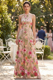 Blush Floral High Neck A Line Maxi Wedding Guest Dress