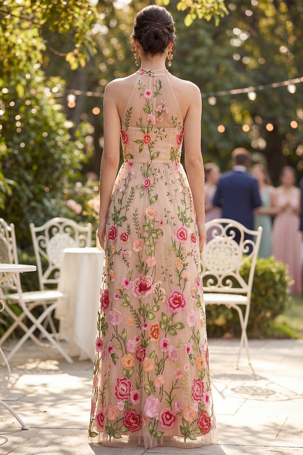 Blush Floral High Neck A Line Maxi Wedding Guest Dress