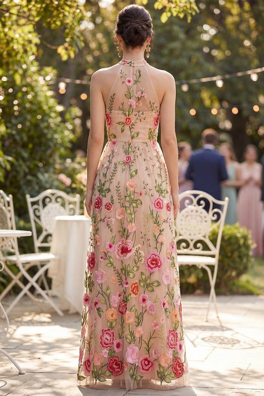 Blush Floral High Neck A Line Maxi Wedding Guest Dress