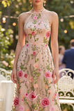 Blush Floral High Neck A Line Maxi Wedding Guest Dress