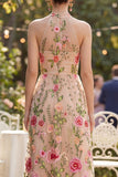 Blush Floral High Neck A Line Maxi Wedding Guest Dress