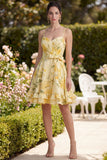 Ruffled Floral Butter Yellow Ruched A Line Short Wedding Guest Dress with Bow