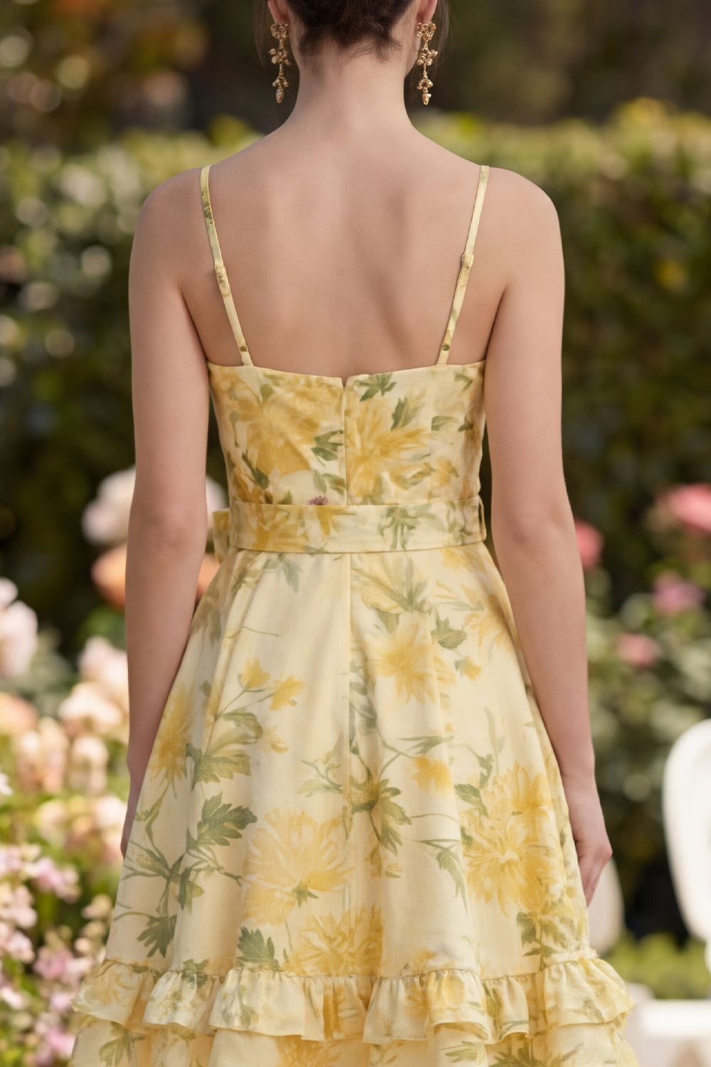 Ruffled Floral Butter Yellow Ruched A Line Short Wedding Guest Dress with Bow