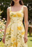 Square Neck Floral Butter Yellow A Line Maxi Wedding Guest Dress
