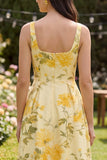 Square Neck Floral Butter Yellow A Line Maxi Wedding Guest Dress