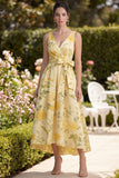 Floral Butter Yellow V-Neck Ruched A Line Maxi Wedding Guest Dress with Bow